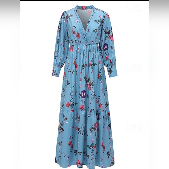 Boutique Blue Floral Ruffle Maxi Dress Long Sleeve Cottagecore Wedding Boho L - Picture 9 of 9